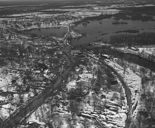 Aerial view of Necedah, Wisconsin, and Petenwell Lake behind Petenwell Dam on the Wisconsin River.