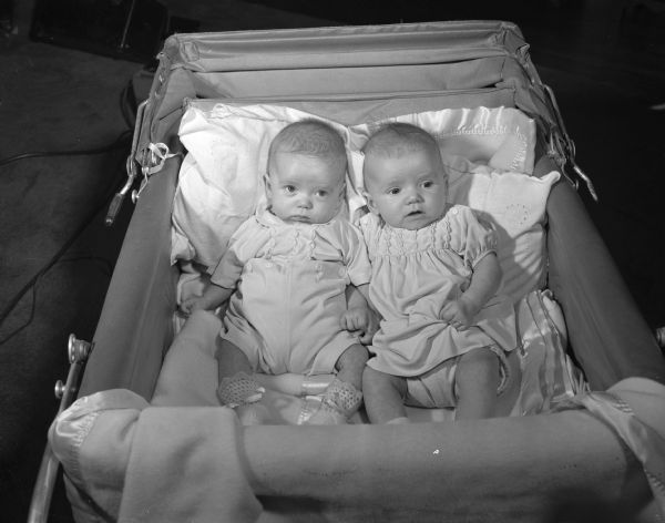Stephen (left) and Anne Patterson, four month old twins, lying in a bassinet in a portrait taken for National Baby Week. Rev. Patterson is the rector of Grace Episcopal Church.