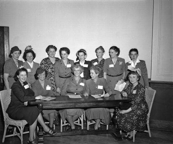 Thirteen members of the Madison Girl Scout Council Board of Directors sitting and standing around a table.