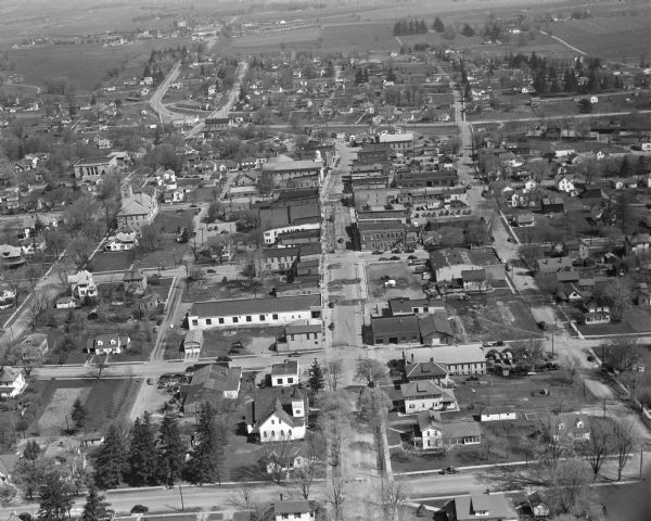 Aerial photograph of Dodgeville.  The Iowa County Courthouse is visible upper center left.