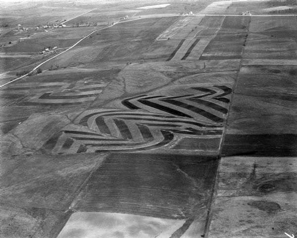 Aerial photograph of contour farming in Wisconsin.