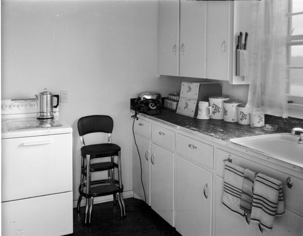 Kitchen in the home of Mr. & Mrs. Kieth Roberts, 13 S. Midvale Blvd., one of four homes designed and constructed by Marshall Erdman for war veterans with small families.