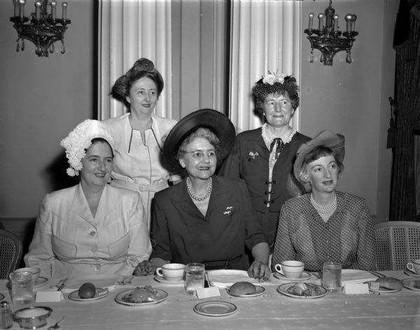 Members of the advisory board of the National Federation of Women's Republican Clubs attending a meeting at the Hotel Loraine. Pictured from left to right are: Mrs. Joseph R. Farrington, Washington, D.C.; Mrs. Katharine Kennedy Brown, Dayton, Ohio; Mrs. John E. Wise, Madison; Mrs. Yvonne Town, Waukesha; and Mrs. Robert W. Macauley, Washington, D.C.