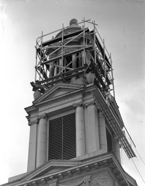 The steeple of First Congregational Church, 1609 University Avenue, encased in scaffolding for repair.