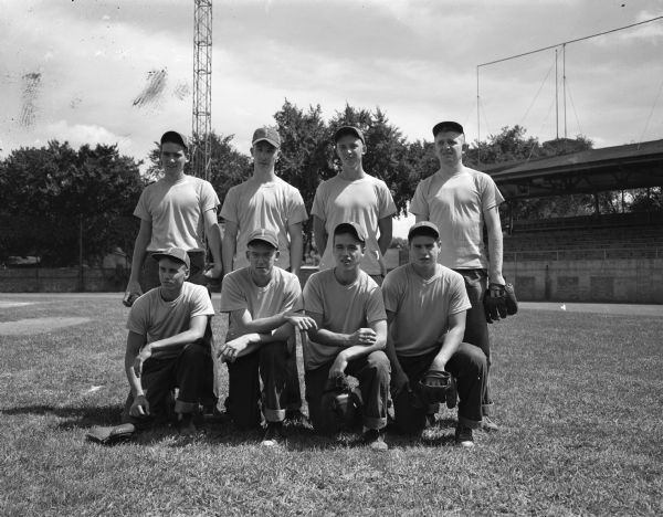 Group portrait of the Durfree Brothers Roofing team, defeated by the Crawford Custard's baseball team for the championship of the Senior League of the Boys' Baseball Program.