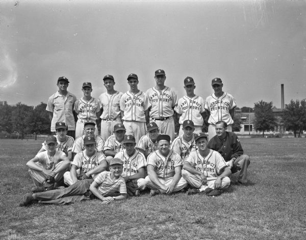 Group portrait of the Garden City Foundry baseball team of Stoughton, who won the Eastern section title in the Home Talent League. The team were undefeated in fourteen straight games and will bid for the pennant in the league's 1949 annual championship series.