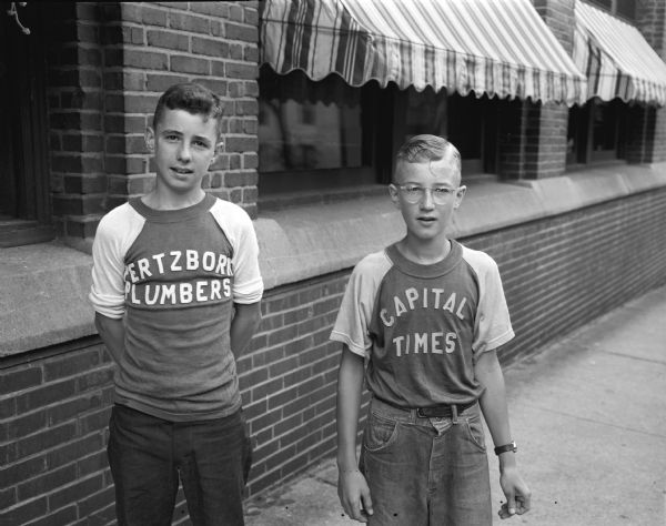 Stars from the city boys' baseball program. Pictured are Philip Pittz (Pertzborn Plumbers) and Richard Jakubenas (Capital Times).

Additional boys are represented in the collection listed below with the date his image was published in the Wisconsin State Journal.

Philip Pittz, July 10. Richard Jakubenas, July 10. Larry Bernstein, July 12. Jerry Gritzmacher, July 13. Duane F. Bowman Jr., July 14. Roger Clark, July 15. Jim Foy, July 16. George Martin, July 17. Donald Hensen, July 18. John Michaelis, July 19. Donald Wiedenfeld, July 21. Danny Wiedenfeld, July 21. Jim Sandley, July 23. George Armstrong, July 22. Dale Sorenson, July 24. Lawrence Fish, July 25. Lowell Bakken, August 2. Donald Gothard, July 27. Dick Woodring, July 26. Carl Tygum, July 28. Earl Zanoya, July 29. Keith Yapp, July 30. Roger Watson, July 31. Tom Mack, August 3. Billy Mansfield, August 4. Frank Genna, Jr., August 5. John Cartwright, August 6. Jack Heffernan, August 7. Eddie Baumann, August 9. Richard Dyer, August 10. Billy Schweers, August 11. Richard J. Ellis, August 12. Charles Stull, Jr., August 14, plus three unidentified players.
