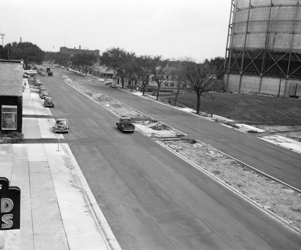 Elevated view of the newly reconstructed East Washington Avenue, looking east at the 700 block. A water tower is on the right.