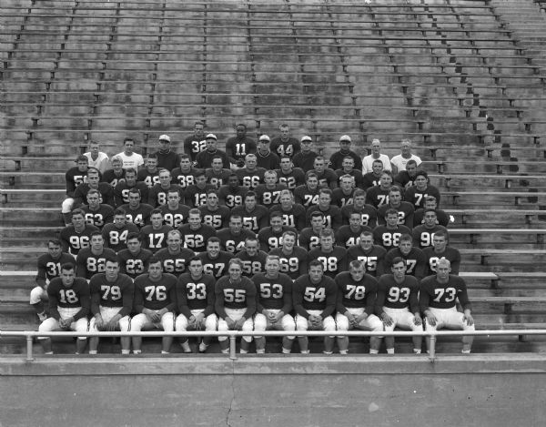 Group portrait of the 1949 University of Wisconsin varsity football squad.