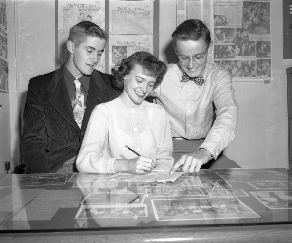 Shown formulating plans to study the subject of teenage driving are three members of the Teen Driving Study Committee. From left to right are: Jim Ketchum, Maxentia Retzlaff, chairman, and Wayne Pope.