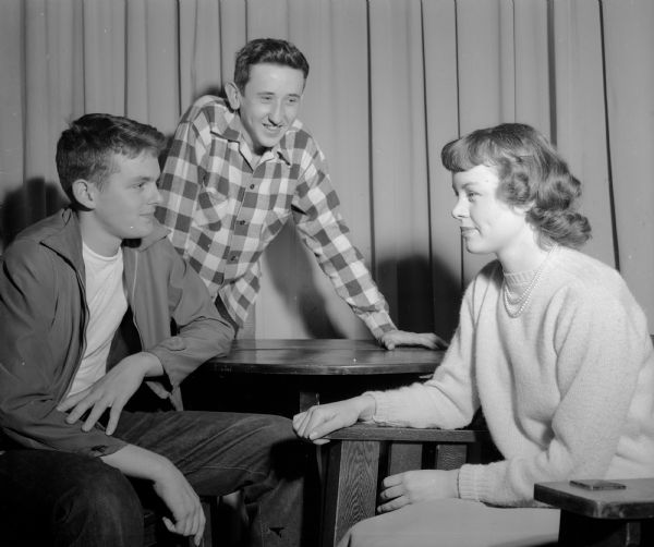 Left to right: Dave Brodhead, Bill Spoentgen and Helen Hosler, three Wisconsin High School students, rehearse for "Trifles", a one-act play.