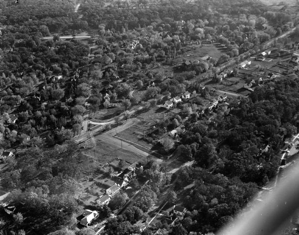 Aerial photograph of the Westminster Presbyterian Church site on Madison's west side, looking south across Nakoma Road at Yuma Drive and along Seminole Highway.