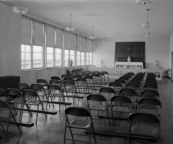 Interior view of the new Queen of Apostles Pallottine Seminary, 5810 Cottage Grove Road, showing a classroom that is being used as a chapel.