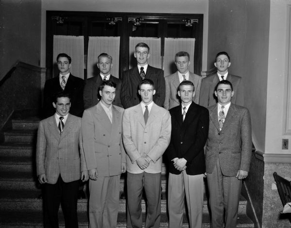Ten members of the Shriners' all-city high school football team honored at the annual banquet at the Masonic Temple. First row, left to right, are: Joe Castagna, halfback, East; Bob Lee, tackle, Central; Jim Kurth, fullback, East; Jim Conner, halfback, Central; and Dick Olsen, guard, East. Second row, left to right, are: Gary Messner, guard, East; Wendell Gulseth, quarterback, East; Leo Schlicht, end, East; Evert Wallenfeldt, end, West; and Ted ayne(?), East. Not pictured is center Jim Waters of Central.