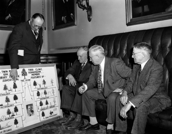 Orrie Kreger, who is in charge of trees and grounds at the Poynette game farm, shows some charts to three honorary members of his Twin Pines Tree Clinic, an educational venture. Seated, from left, are H. W. MacKenzie, Poynette, former director of the Wisconsin Conservation Commission; Governor Oscar Rennebohm; and W.G. McKay, head of the McKay Nursery in Madison.