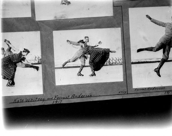Copy negative from William J. Meuer Albums of Kate Whitney and Forrest Anderson ice skating.