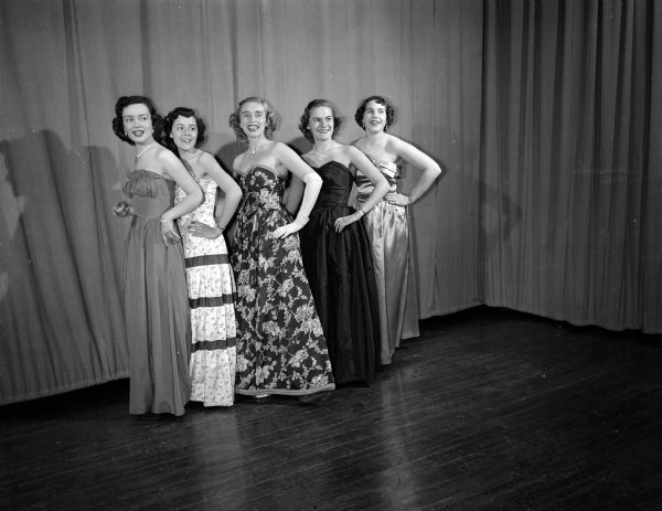 Nakoma 12th Night Party "O You Beautiful Doll" chorus line. From left to right are: D'Arcy Timmons, 938 Waban Hill; Joan Roby, 3810 Cherokee Drive; Jennie Stumpf, 817 Miami Pass; Joanne Forster, 725 Miami Pass; Karen Vea, 3914 Cherokee Drive.