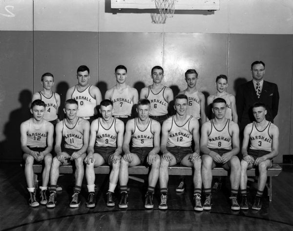 Marshall high school gained basketball title honors in the Madison Suburban League for the sixth time in the 24-year history of the circuit. Coach Leonard "Squig" Converse's team defeated Johnson Creek, Sun Prairie, Waterloo, and Hustisford each twice and DeForest, Verona, Cambridge, Middleton, Deerfield, and Oregon each once.