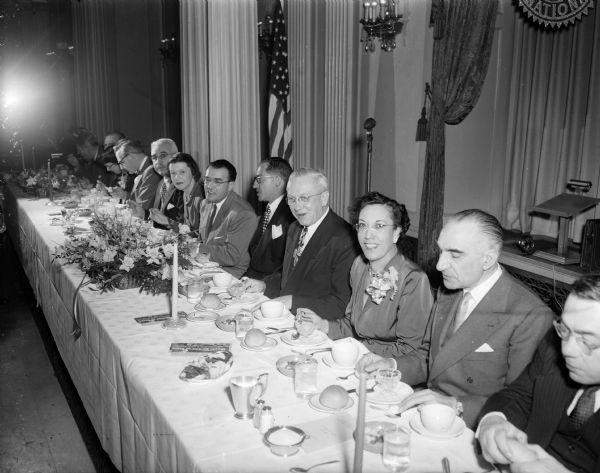 Seated at the speaker's table at the UNICO's banquet to launch their fund drive to raise funds for Boys' Town of Italy are, from left to right: Roy Matson, editor of the Wisconsin State Journal; A.R. Sanna, honorary member of the Madison UNICO chapter; Mrs. Lamberto Cesari, whose husband is a visiting professor of mathematics at the University of Wisconsin; Joseph Bruno, chapter president; William J. Calvano, Milwaukee, president UNICO national; Francesca Paratore, co-chairman, and Giovanni B. Cuneo, Italian counsel general, Chicago, main speaker at the banquet.