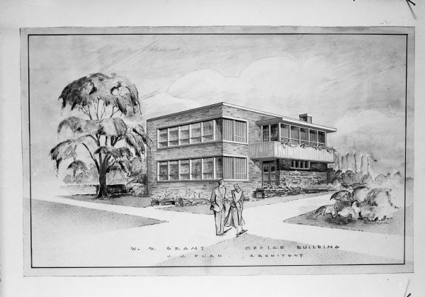 Copy negative of architectural drawing by Flad Associates of Wilbur S. Grant Accounting Office Building at 148 East Johnson Street.