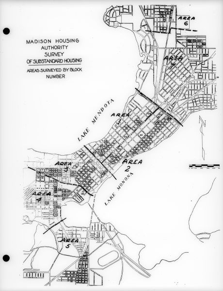 Map of areas surveyed by block number as part of the Madison Housing Authority Survey of Substandard Housing.