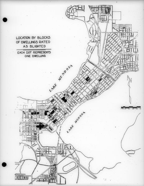 Map of locations by block of dwellings rated as blighted as part of the Madison Housing Authority Survey of Substandard Housing.