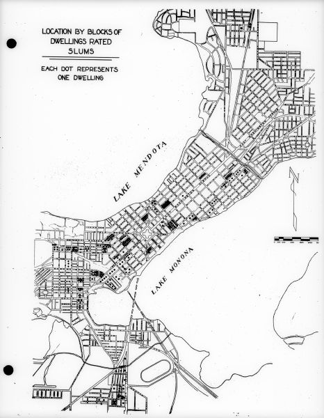 Map of locations of blocks of dwellings rated as slums, as part of the Madison Housing Authority Survey of Substandard Housing.