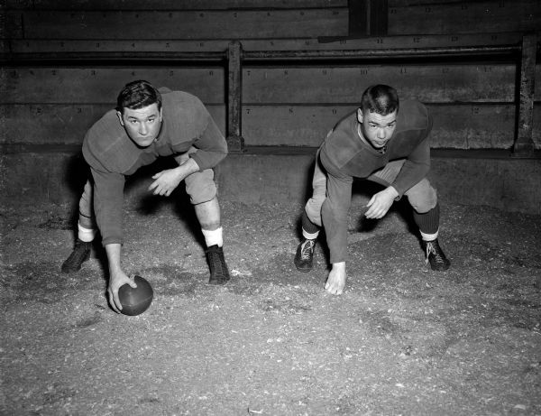 Bob Kennedy (left) of Rhinelander and George Simkowski of Chicago are two of the members of the freshman football team at the University of Wisconsin.  Kennedy is a guard and Simkowski plays center.
