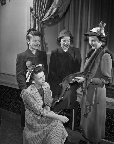 Four members of the Jaycettes admire a four-skin fur piece that will be given as a prize in the Jaycettes' fashion show. Pictured are Mrs. Lee (Alma) Baron, seated at left, and standing left to right are: Mrs. Charles (Betty) Vaughn, 214 Standish Court; Mrs. Fred (Betty) Krohn, 417 Ludington Avemue; and Mrs. Thomas (Jane) Montgomery, 1004 East Dayton Street.