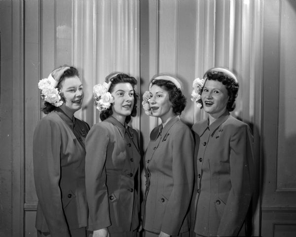 Pictured left to right are the members of the Minorettes quartet who will perform at the Jaycettes' fashion show: Mrs. William J. (Rosemary) Coyne, 104 South Brooks; Arlene Radl, 2 Lathrop Street Dorothy Bleecher, 2307 Rugby Row; and Mrs. Robert (Emma) Sullivan, 738 East Dayton Street.