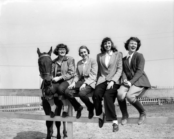 Four participants of the Hoofers' horse show perching on a white rail fence. Left to right: Joyce Schauf, Rock Falls; Lorna Zachmen, Whitefish Bay; Rita Bucklin, Onalaska; and Kit Mayer, Beaver Dam. Also shown is a horse, "Strutter."