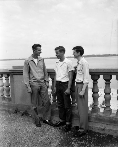 Three Madison Badger Boys' State representatives pose for a portrait at Olin Terrace overlooking Lake Monona. They are, from left to right: Owen Roberts, West High School; Tom Blum, East High School; Dick DeMars, Central High School.