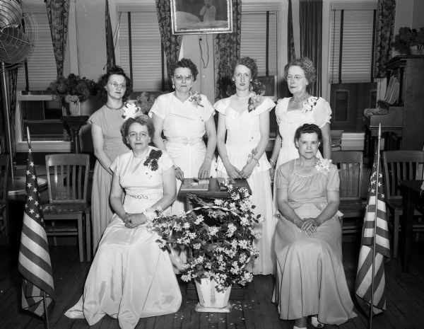New officers of the Women of the Moose Lodge pose for a portrait at their installation rites. Seated, from left, are: Mrs. Jack Meier, Jr., graduate regent and Mrs. Lester (Beatrice) Murray, treasurer; Standing, from left, are: Mrs. Frank Thompson, recorder; Mrs. A.W. (Hazel) Lerwick, senior regent; Mrs. Carroll (Mae) Boyd, chaplain; and Mrs. Joseph Scheib, junior regent.