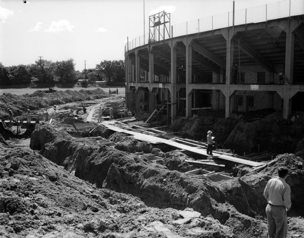 View of the north bleachers at Camp Randall Stadium, with construction started to add additional concrete bleachers on top.