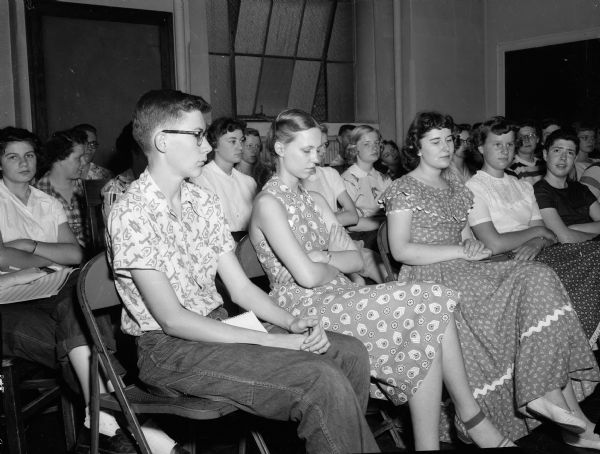 Robert Blum, Evansville, front row left, sits with other students attending a music appreciation class at the University of Wisconsin high school music clinic.