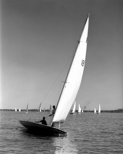 The Class C sailboat "Wahoo II," owned by Stewart Manchester with Pete Stebbins as crew, pictured on Lake Mendota. They will be vying for the championship at Inland Lakes Regatta.