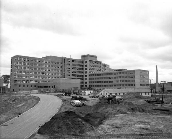 The Veterans Administration Hospital at 895 University Bay Drive, Shorewood Hills is shown under construction before occupation.