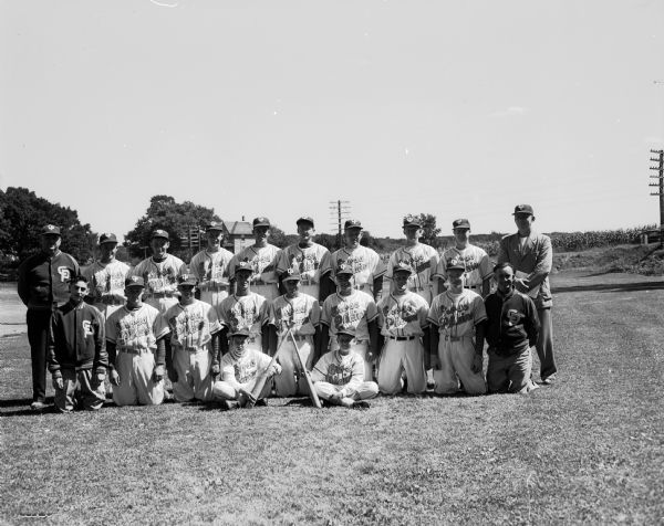 Group portrait of the Cross Plains baseball team, who tied for the Western section title in the Home Talent Baseball League.