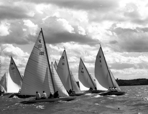 Class E fleet sailboats get underway in the first official test of the  preliminary races of the 49th Annual Regatta of the Inland Lakes Yachting Association held on Lake Mendota.