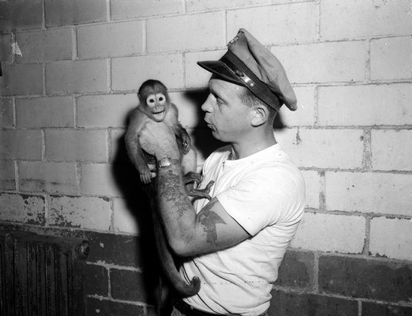 Dale Coyler shown holding "Squeaky," a ring-tailed monkey from the Vilas Park Zoo (Henry Vilas Zoo). He takes the monkey home with him on his days off to avoid conflicts with another monkey.