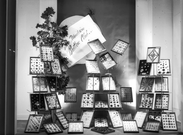 Sets of buttons in display boxes are arranged in the Madison Button Club store window display.
