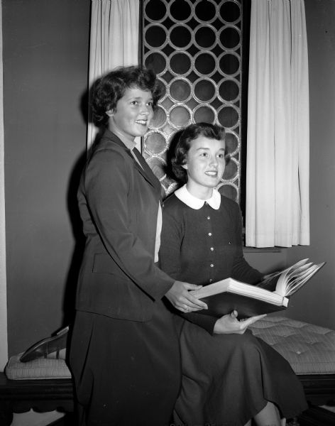 Two Madison pledges of the Gamma Phi Beta sorority, Carolyn Piper (left) and Betty Klein, pose for a portrait.