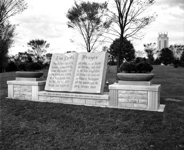 Monument at Roselawn Memorial Park, 119-122 Monona Drive, inscribed with the Lord's Prayer.