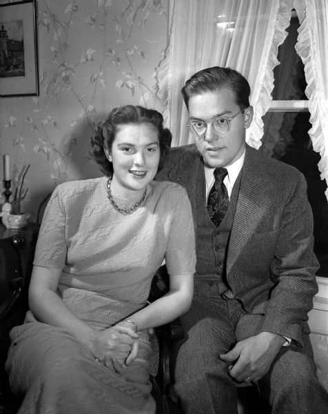 Portrait of Dr. Rolf Noer and his bride, Betty Marie Schlegelmilch, at the time of their visit to his parents, Mr. and Mrs. Harold Noer, at 3407 Sunset Drive in Shorewood Hills.