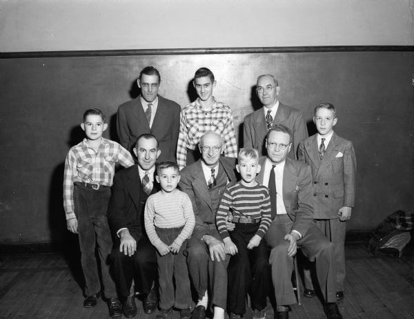 Group portrait of Hugo Philipps, his son, three sons-in-law, and five grandchildren during the Franklin Elementary School father-son banquet. Front row seated, left to right: Lloyd Philipp, Jack Kneebone, Hugo Philipp, Philip Kneebone, and Arlow Langholff.
Second row, standing: Don Philipp, Milton Kneebone, Ronnie Kneebone, Ludolph Langholff, and Dean Langholff.
