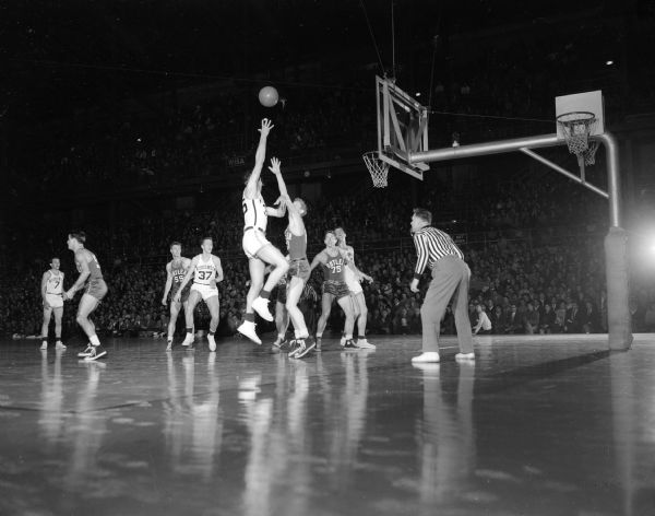 Action shot taken during the University of Wisconsin vs. Butler men's basketball game. The University of Wisconsin won 60 to 35.
