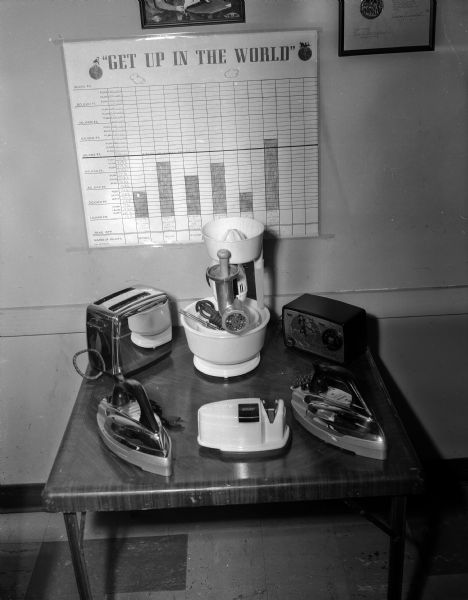 Display of magazine and newspaper circulation contest premiums: mixer, toaster, radio, two clothing irons, and a knife sharpener.