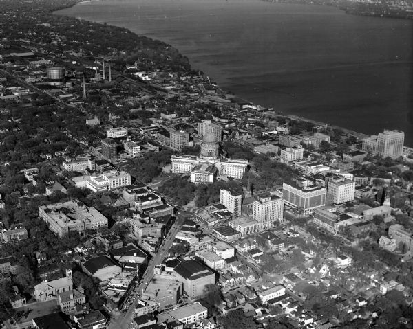 Aerial view of downtown Madison looking from State Street to King Street.