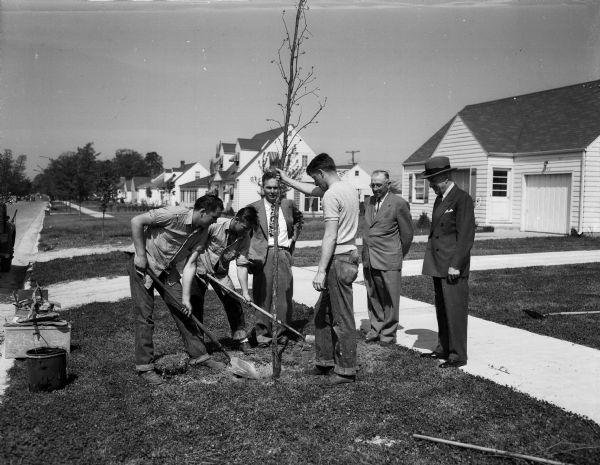 A group of East Siders are watching as another of the thousands of trees which have been planted under the sponsorship of the East Side Business Men's Association goes into the ground. Left to right are Ralph Preez, Bill Marfey, James Marshall, superintendent of city parks; an unnamed man holding the tree; M. E. Smithback, county treasurer and president of the East Side Business Men's Association, and Leo Lunenschloss, chairman of the tree planting committee of the club.