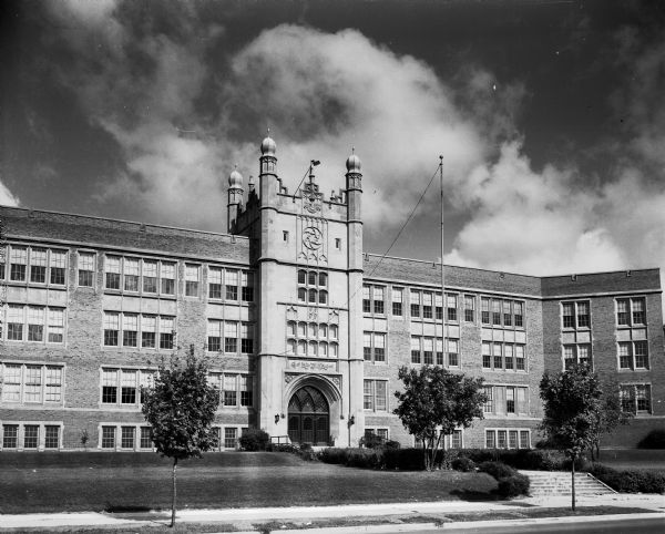 Exterior view of the front entrance to East High School at 2222 East Washington Avenue.